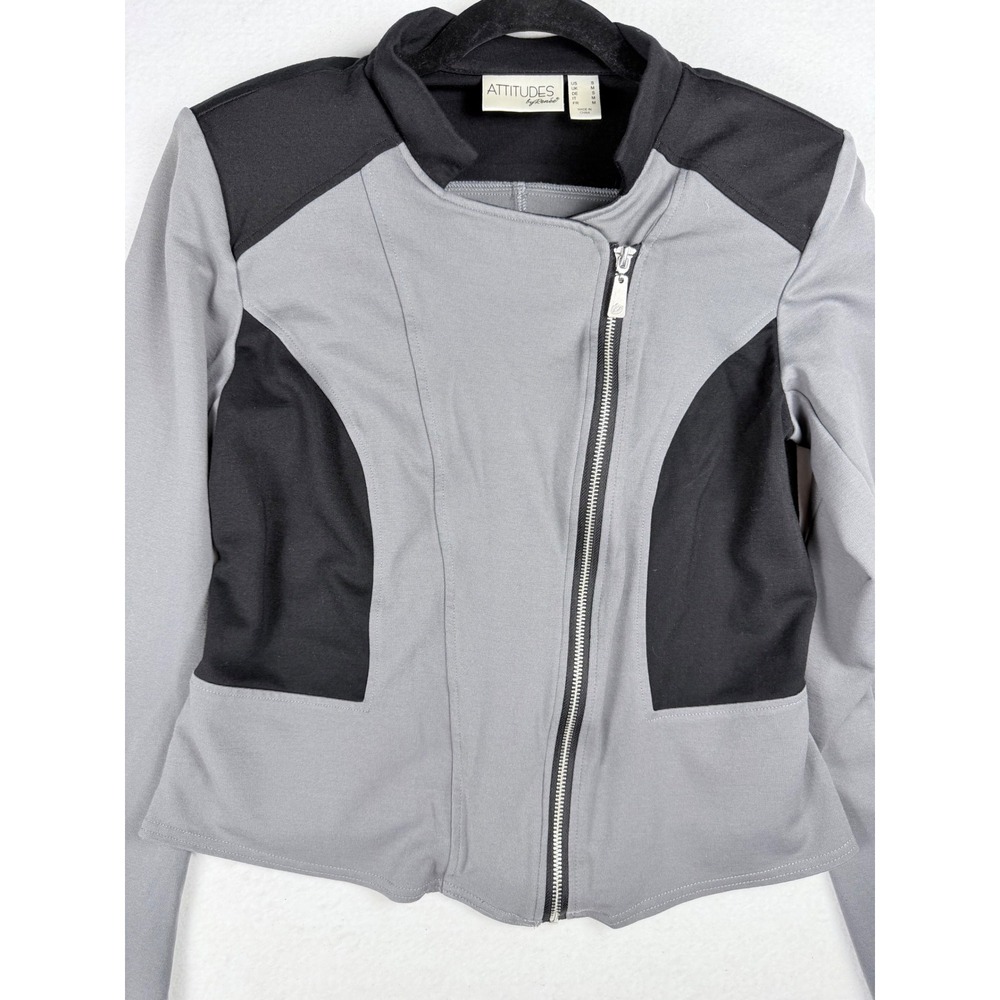 Attitudes by Renee Womens Grey Black Colorblock 90s Moto Jacket Mock Neck Size S - Picture 6 of 9